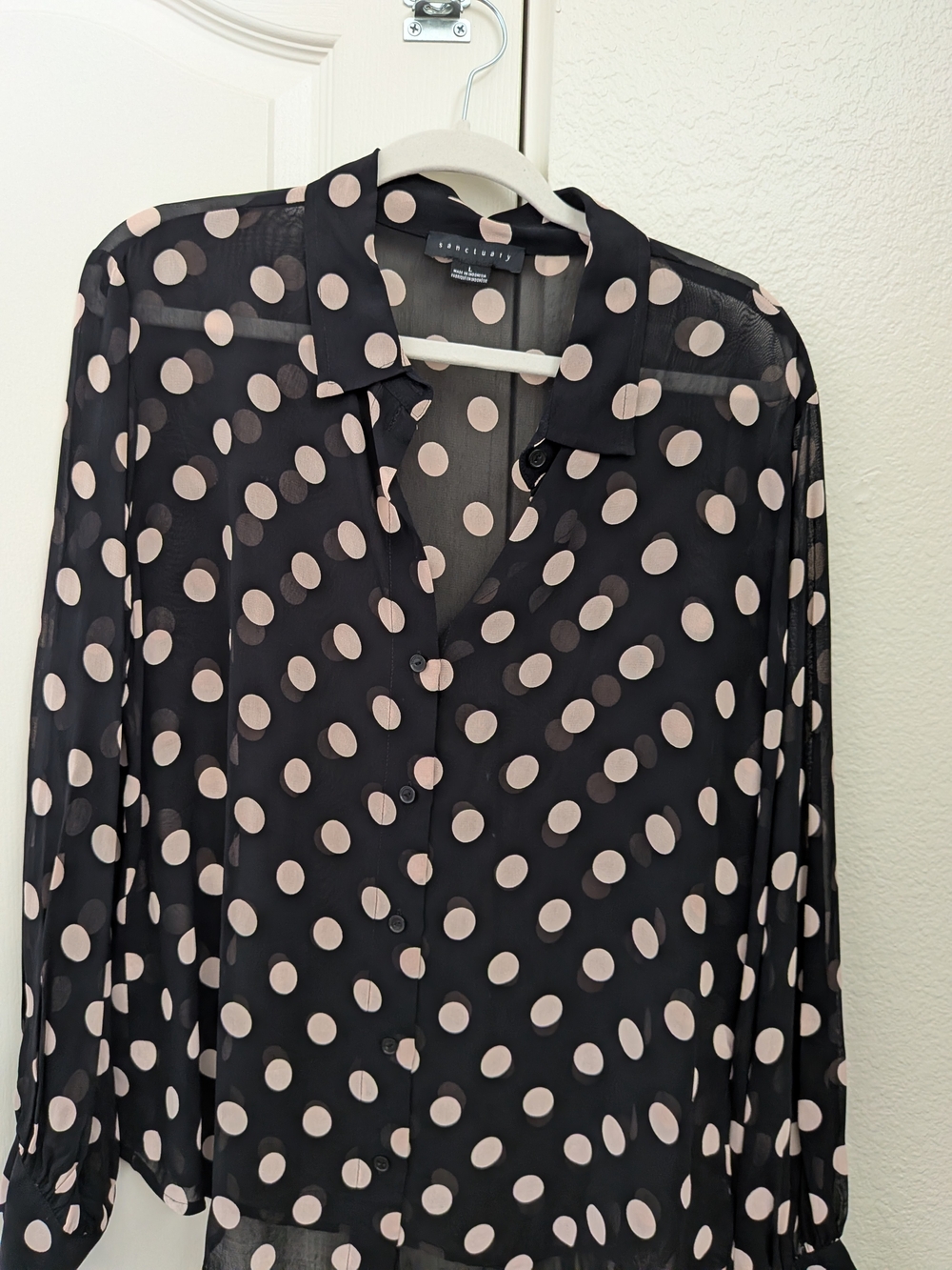 Sanctuary Black Sheer Blouse with Cream Polka Dots (Size Large)